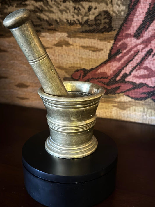 Antique Heavy Brass Mortar & Pestle | Hand-Turned Apothecary Tool | 19th Century European