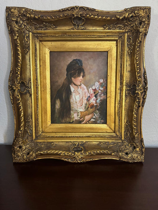 Antique Gilt Framed Portrait Painting of a Woman with Flowers, c. Early 20th Century – Continental Style