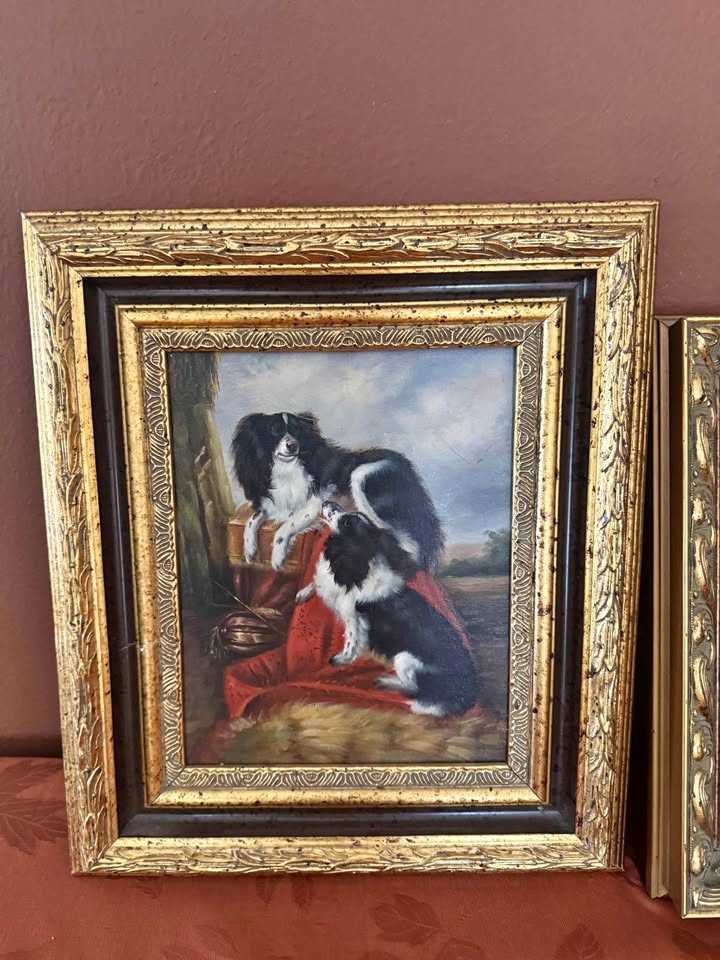 Vintage Oil Painting of King Charles Spaniels in Ornate Gilt Frame