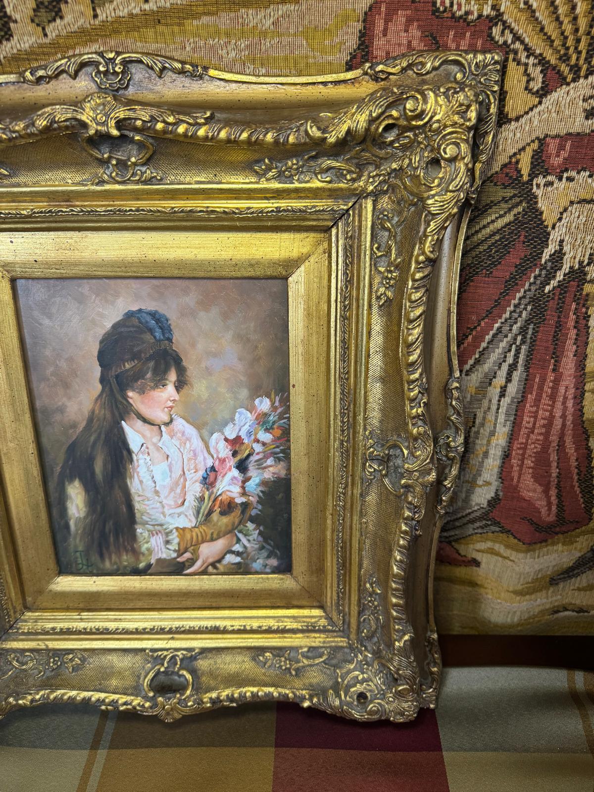 Antique Gilt Framed Portrait Painting of a Woman with Flowers, c. Early 20th Century – Continental Style