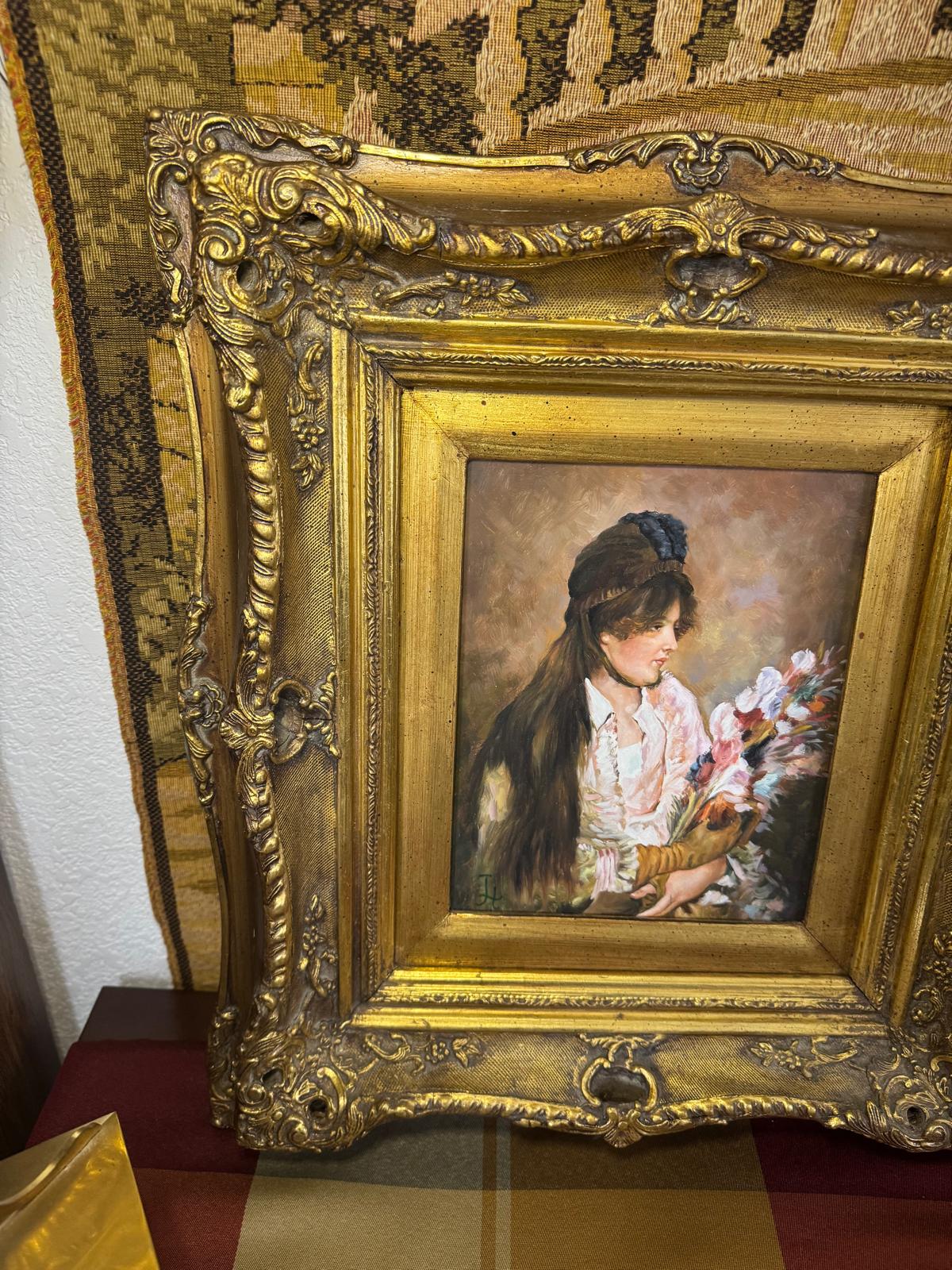 Antique Gilt Framed Portrait Painting of a Woman with Flowers, c. Early 20th Century – Continental Style