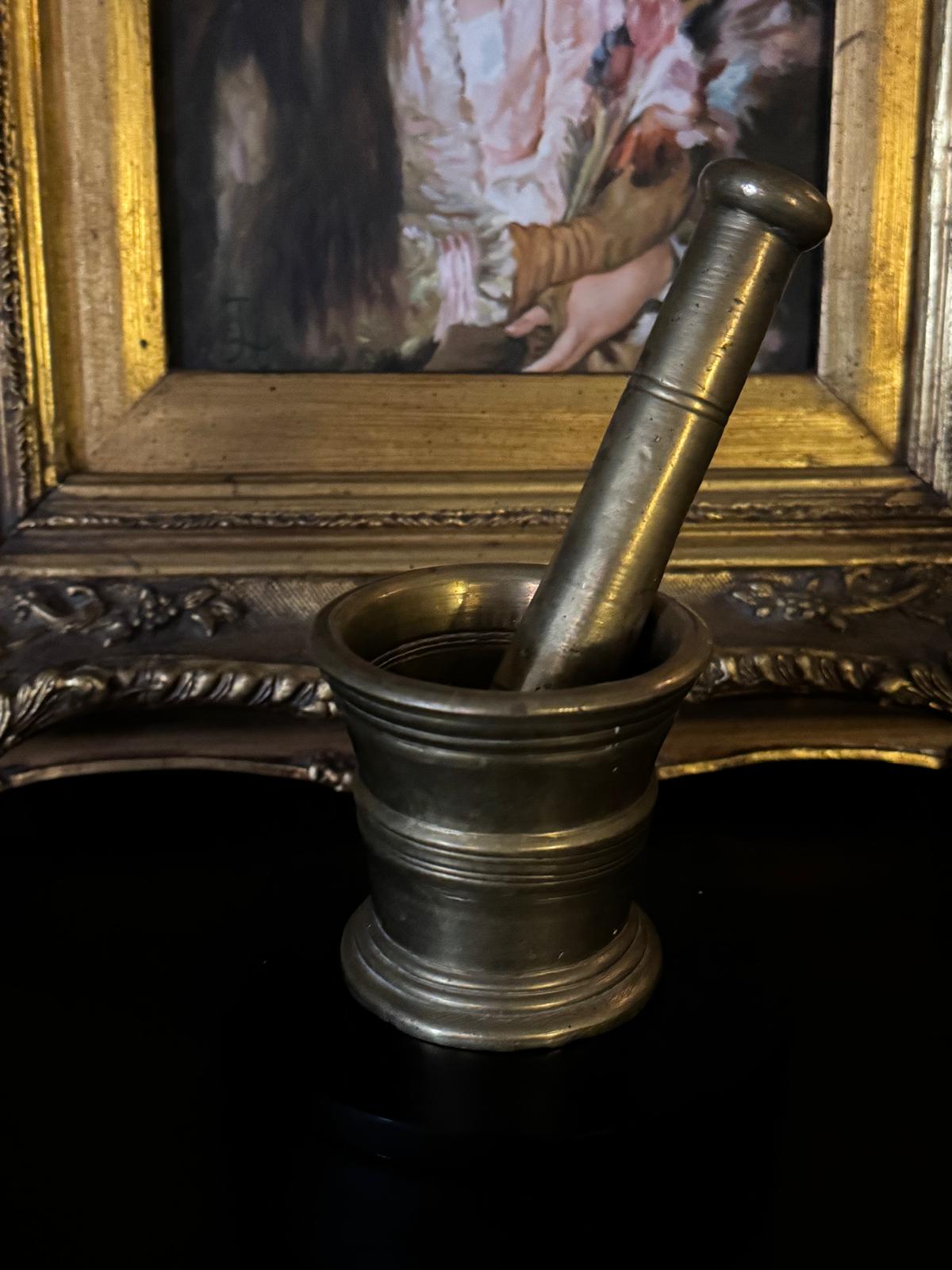 Antique Heavy Brass Mortar & Pestle | Hand-Turned Apothecary Tool | 19th Century European