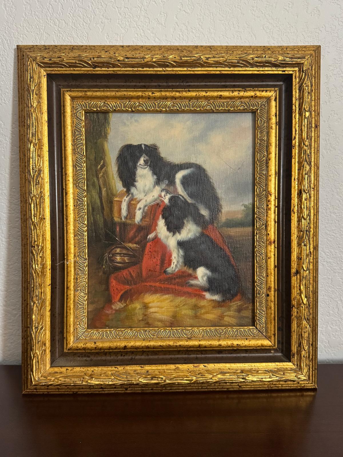 Vintage Oil Painting of King Charles Spaniels in Ornate Gilt Frame